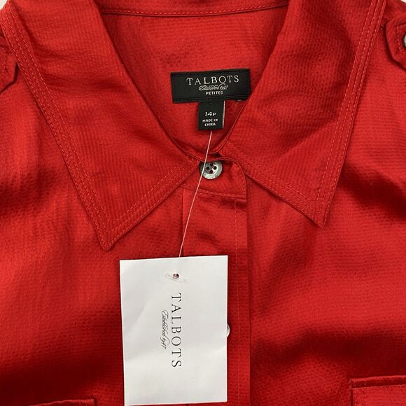 Talbots Silk Button Up Blouse Top Red Career Preppy Petite 14 - Picture 6 of 10